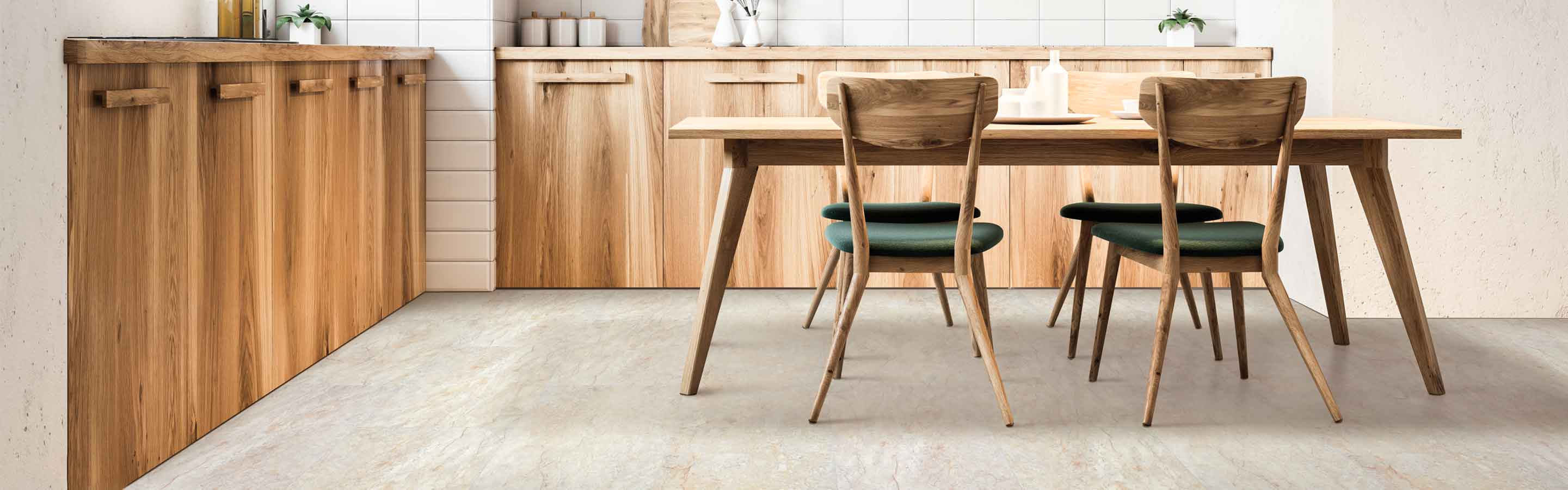 Kitchen with wooden table and chairs, vinyl flooring